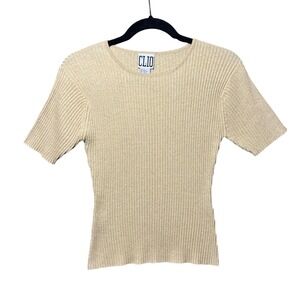 Vintage Y2K Clio Gold Ribbed Silk Knit Short Sleeve Sweater Fitted Top M